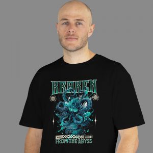 Close-up of teal Kraken From The Abyss design on black T-shirt
