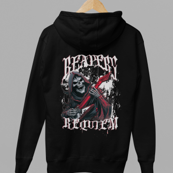 Black hoodie with large reaper guitar back print on hanger