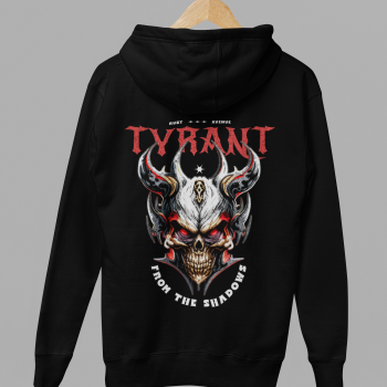 Black hoodie on hanger showing full “Tyrant From the Shadows” back print.