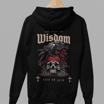 Roots of Wisdom hoodie on hanger showing back artwork