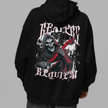 Oversized black hoodie with reaper guitar back print on tattooed model, back view