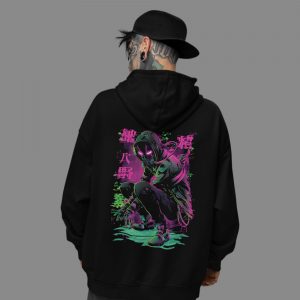 Cyberpunk Hacker Hoodie – Unisex Fit Unisex black hoodie featuring Cyberpunk Hacker neon streetwear back print