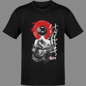 Scarlet Sun Geisha Japanese Dragon T-Shirt on flat lay (front print)