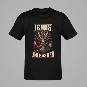 Flat front mockup of IGNIS Unleashed dragon on black t-shirt