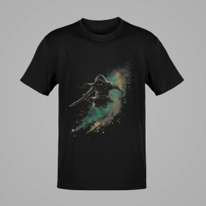 Flat front mockup of Shadowstep Rogue graphic on black t-shirt.