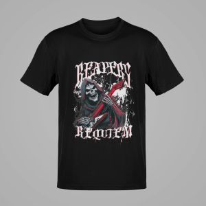 Flat front mockup of Reaper’s Requiem graphic on black t-shirt.