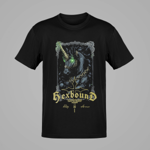 Hexbound cursed unicorn graphic on t-shirt – flat lay