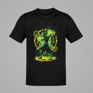 Greenfire Sorcerer neon spell graphic on t-shirt – flat lay