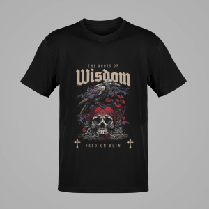 Roots of Wisdom raven and skull graphic on t-shirt – flat lay