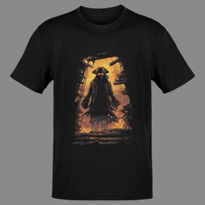 Smolder Jack undead pirate t shirt with flaming ghost captain graphic on black