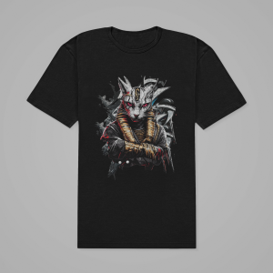 Bastet cat goddess artwork on black garment – flat lay