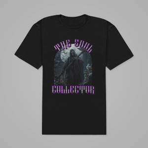 The Soul Collector grim reaper graphic on black t-shirt – flat lay