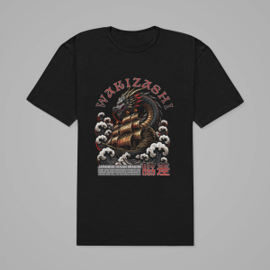 Wakizashi Japanese ocean dragon graphic on black t-shirt – flat lay