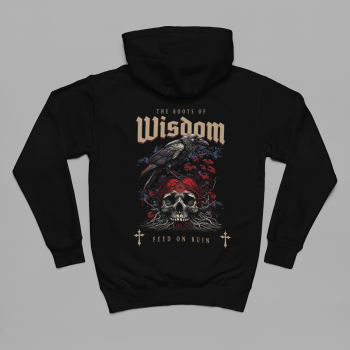 Roots of Wisdom back-print hoodie flat on surface