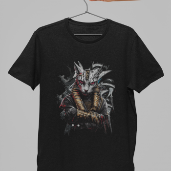 Black garment on hanger with Bastet artwork