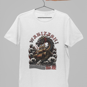 White t-shirt on hanger with Wakizashi dragon graphic