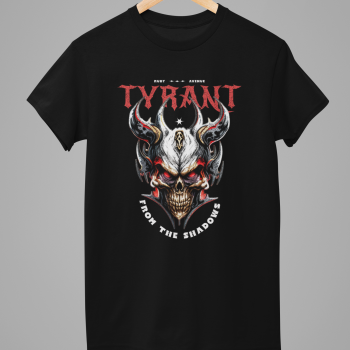 Tyrant From the Shadows graphic on black t-shirt, hanging front view.