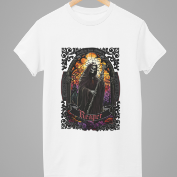 Reaper stained-glass graphic on white t-shirt, hanging front view