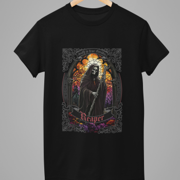 Reaper stained-glass graphic on black t-shirt, hanging front view.