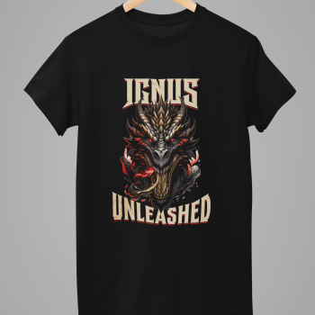 IGNIS Unleashed dragon graphic on black t-shirt, hanging front view.