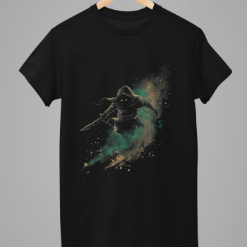 Shadowstep Rogue graphic on black t-shirt, hanging front view.