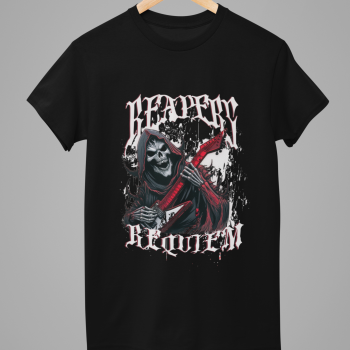 Reaper’s Requiem graphic on black t-shirt, hanging front view.