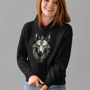 Smiling model wearing Anubis Crest hoodie