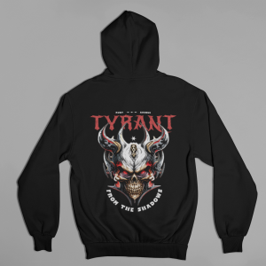 Tyrant Hoodie – Flat Lay Back Flat-lay of black hoodie with Tyrant horned skull artwork and gothic lettering.