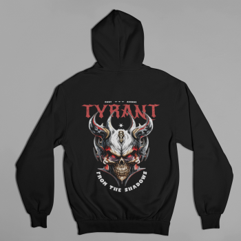 Flat-lay of black hoodie with Tyrant horned skull artwork and gothic lettering.
