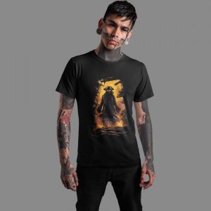 Tattooed goth model wearing Smolder Jack undead pirate streetwear t shirt