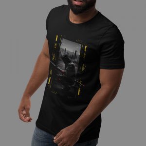 Model wearing Urban Ronin cyberpunk ninja T-Shirt, studio angle