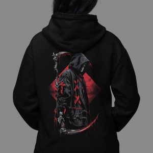 Female model wearing Crimson Reaper grim reaper hoodie with large red back graphic