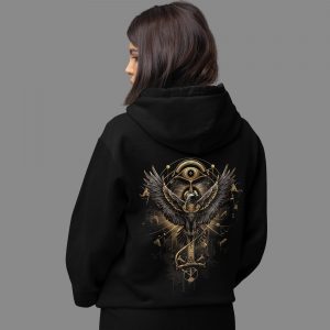 Female model wearing Horus Ascendant Horus hoodie showing Egyptian god back print
