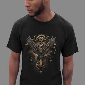Man wearing Horus Ascendant Horus t shirt with golden falcon and Eye of Horus graphic