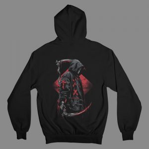 Crimson Reaper grim reaper hoodie laid flat showing full back print graphic