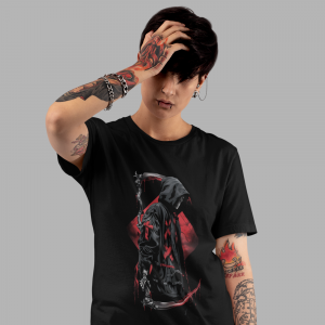 Tattooed model wearing Crimson Reaper grim reaper t shirt on black tee front print