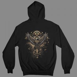 Horus Ascendant Horus hoodie laid flat displaying detailed golden falcon and Eye of Horus artwork