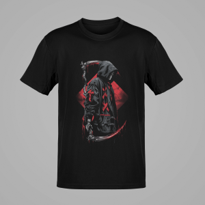 Crimson Reaper grim reaper t shirt on black t shirt flatlay front view
