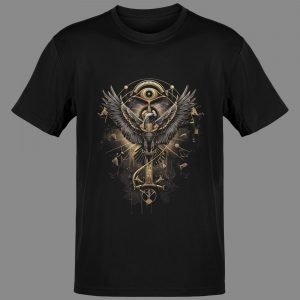 Horus Ascendant Horus t shirt on black tee showing full golden falcon front print