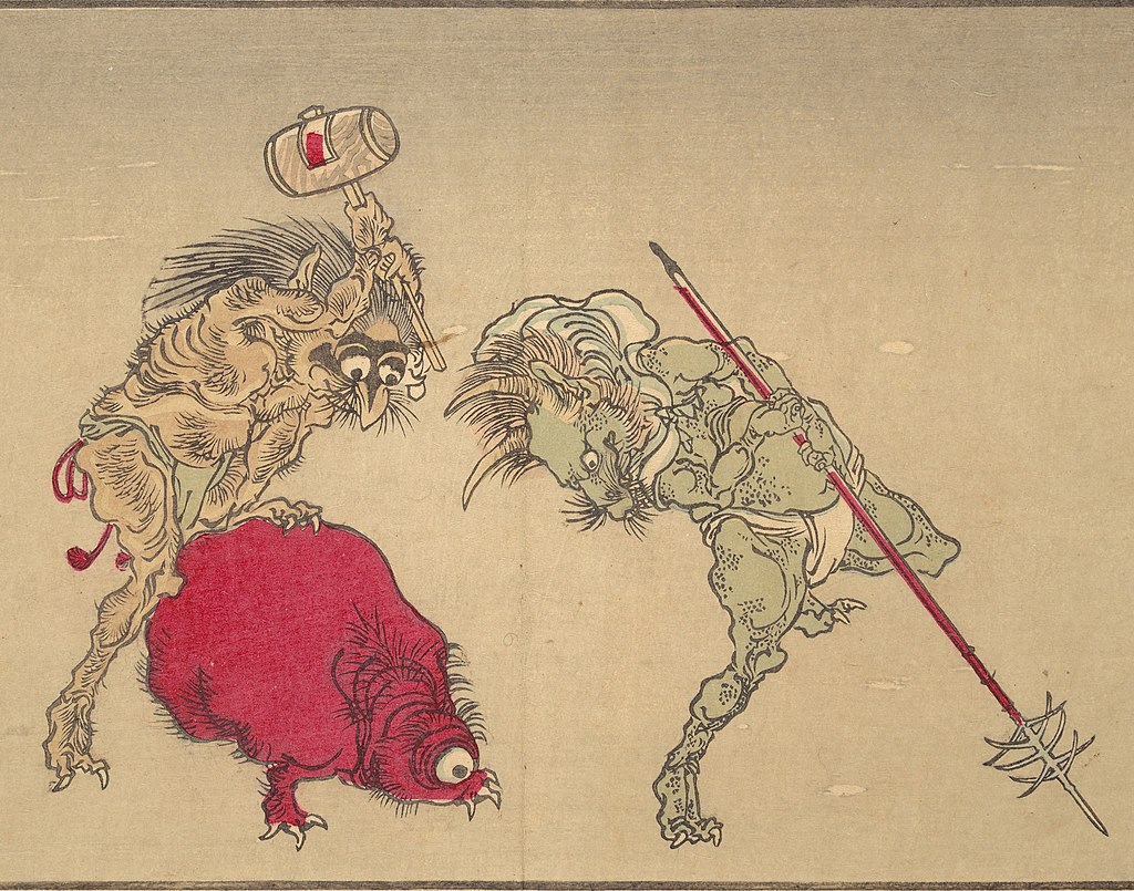 Historic yokai print by Kyosai Kawanabe showing three strange monsters in motion.