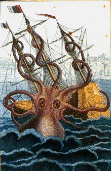 Historical illustration of kraken attacking ship by Pierre Denys de Montfort 1801