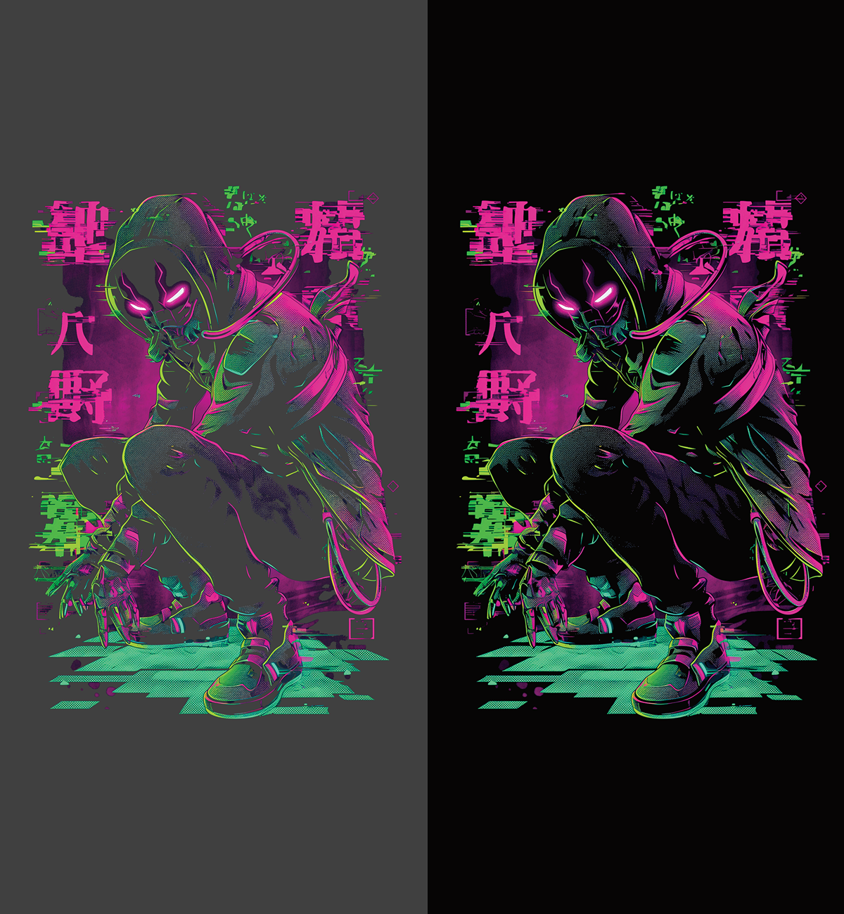 Cyberpunk hacker hoodie design shown twice: on grey to reveal knockout gaps and on black to show the final hoodie look.