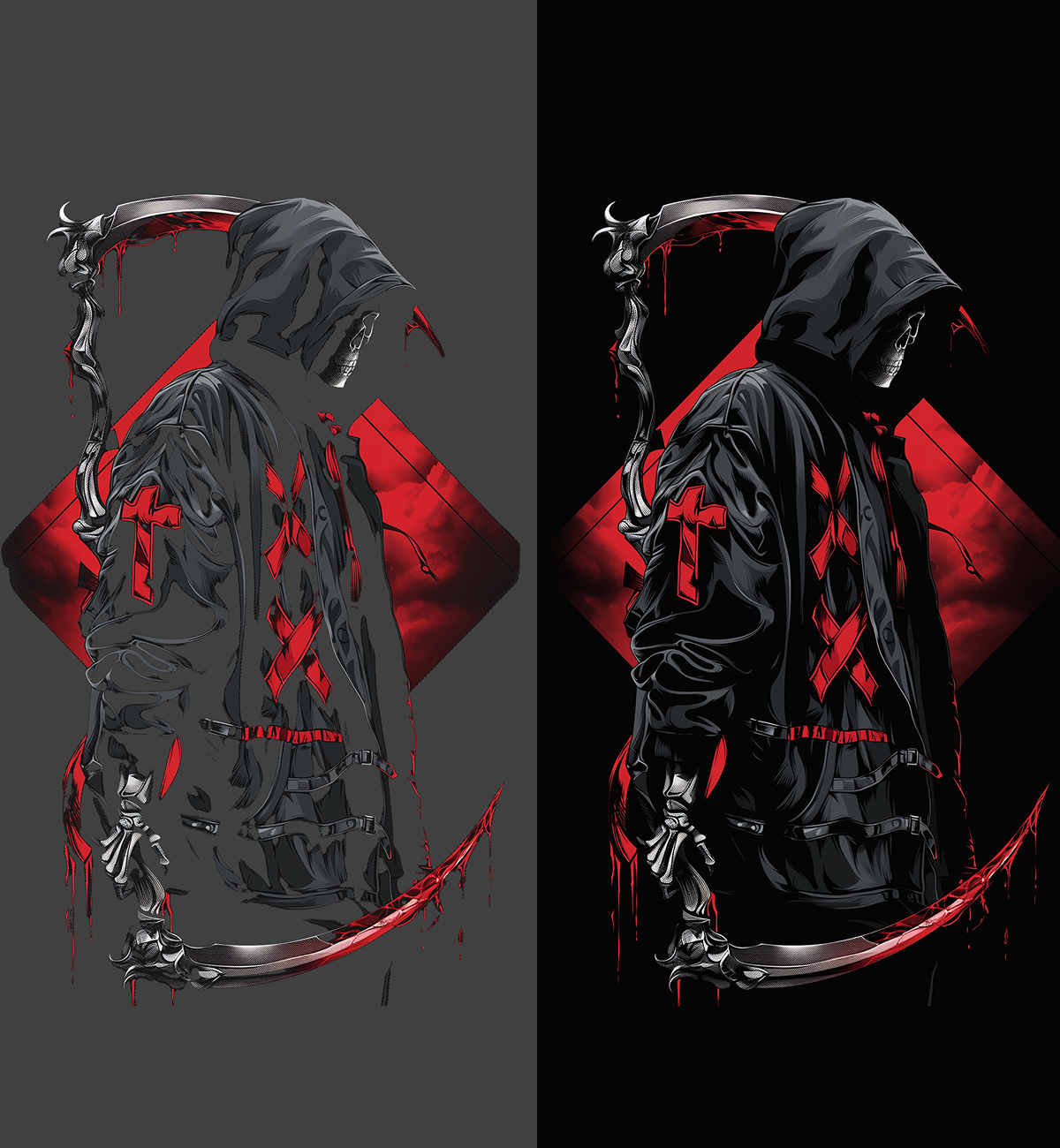 Crimson Reaper grim reaper hoodie design shown twice: on grey to reveal knockout gaps and on black to show the final hoodie look.