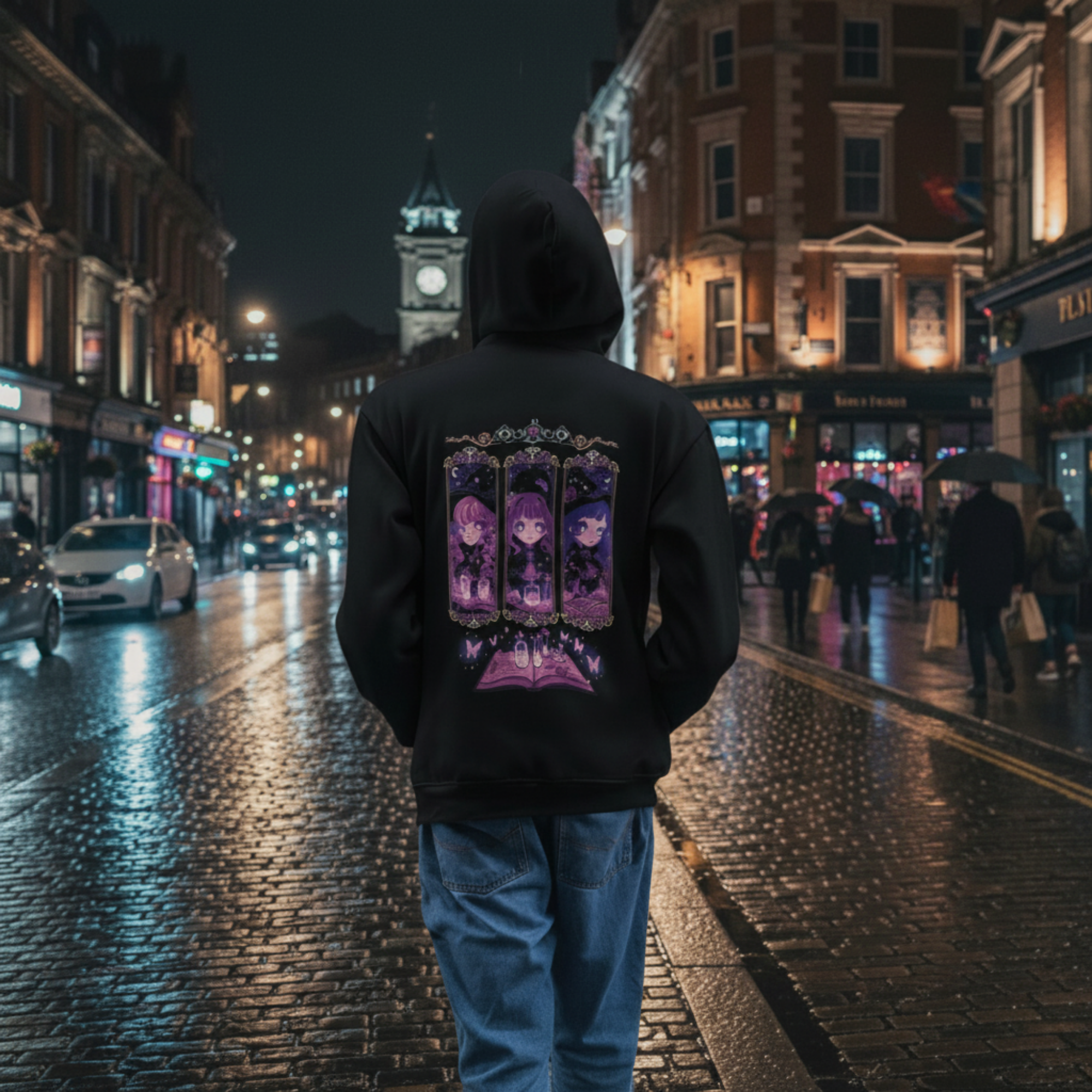 Person wearing the black Coven Sisters Kawaii Witch Grimoire Hoodie walking down a wet city street at night, showing the purple triptych witch back print.
