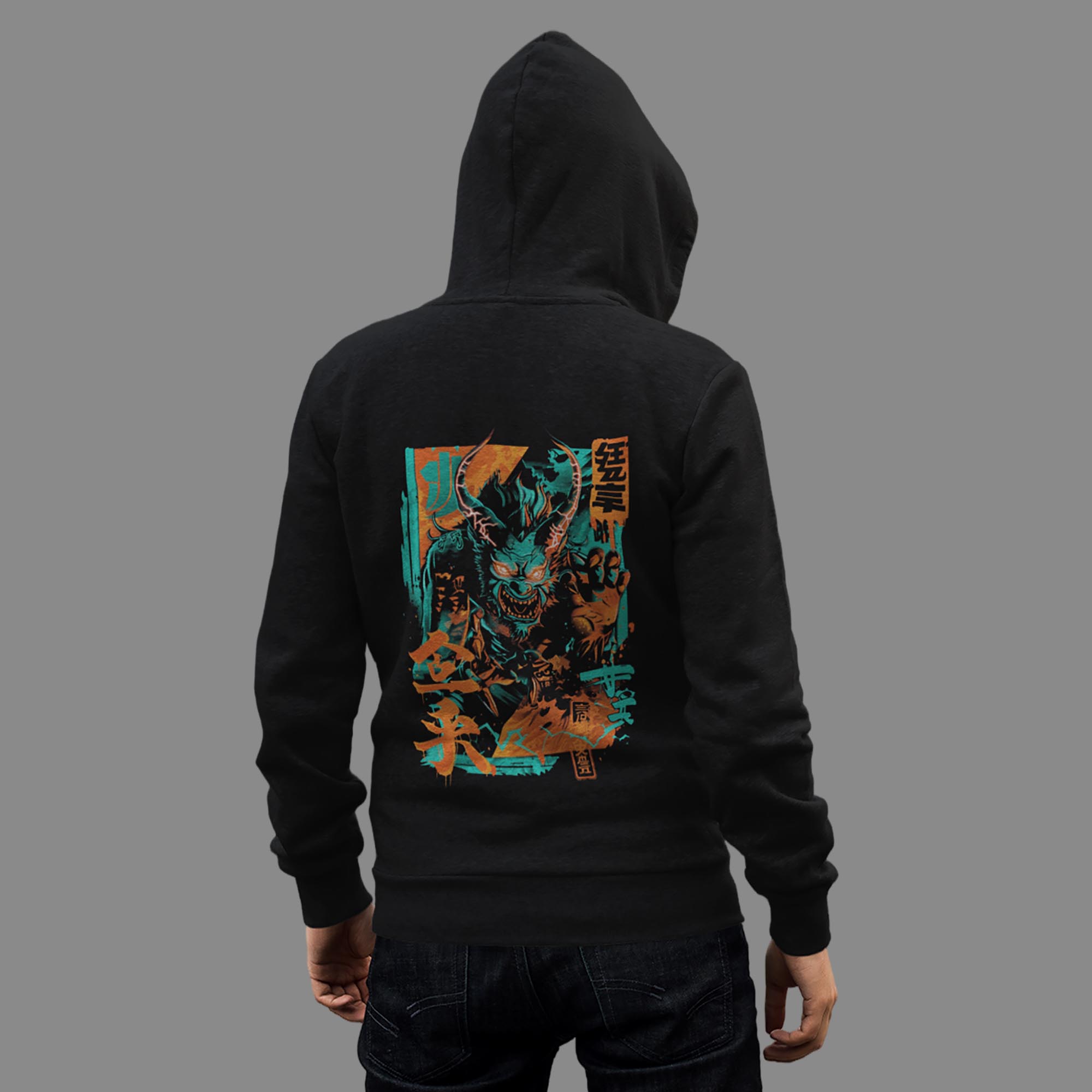 Unisex black hoodie featuring Demon Yokai back print
