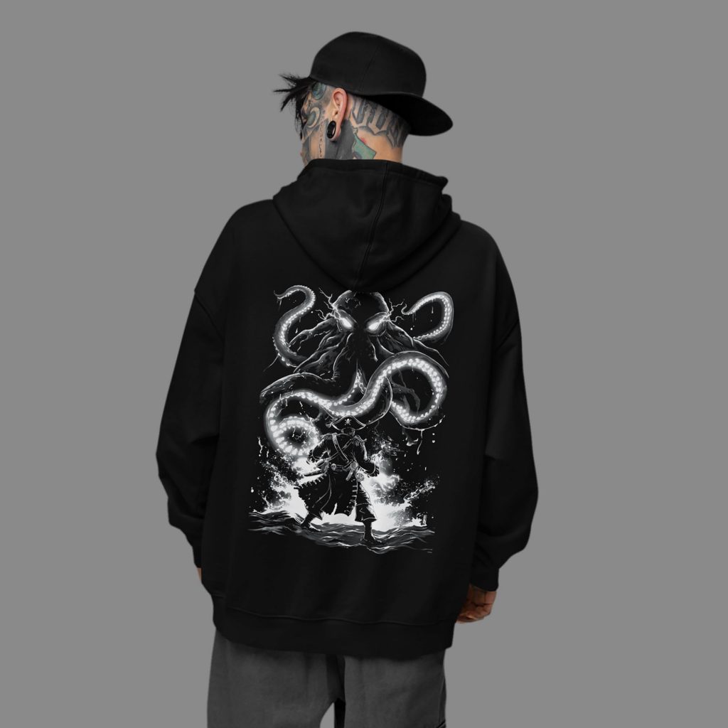 Model wearing Kraken Rising kraken hoodie pirate streetwear