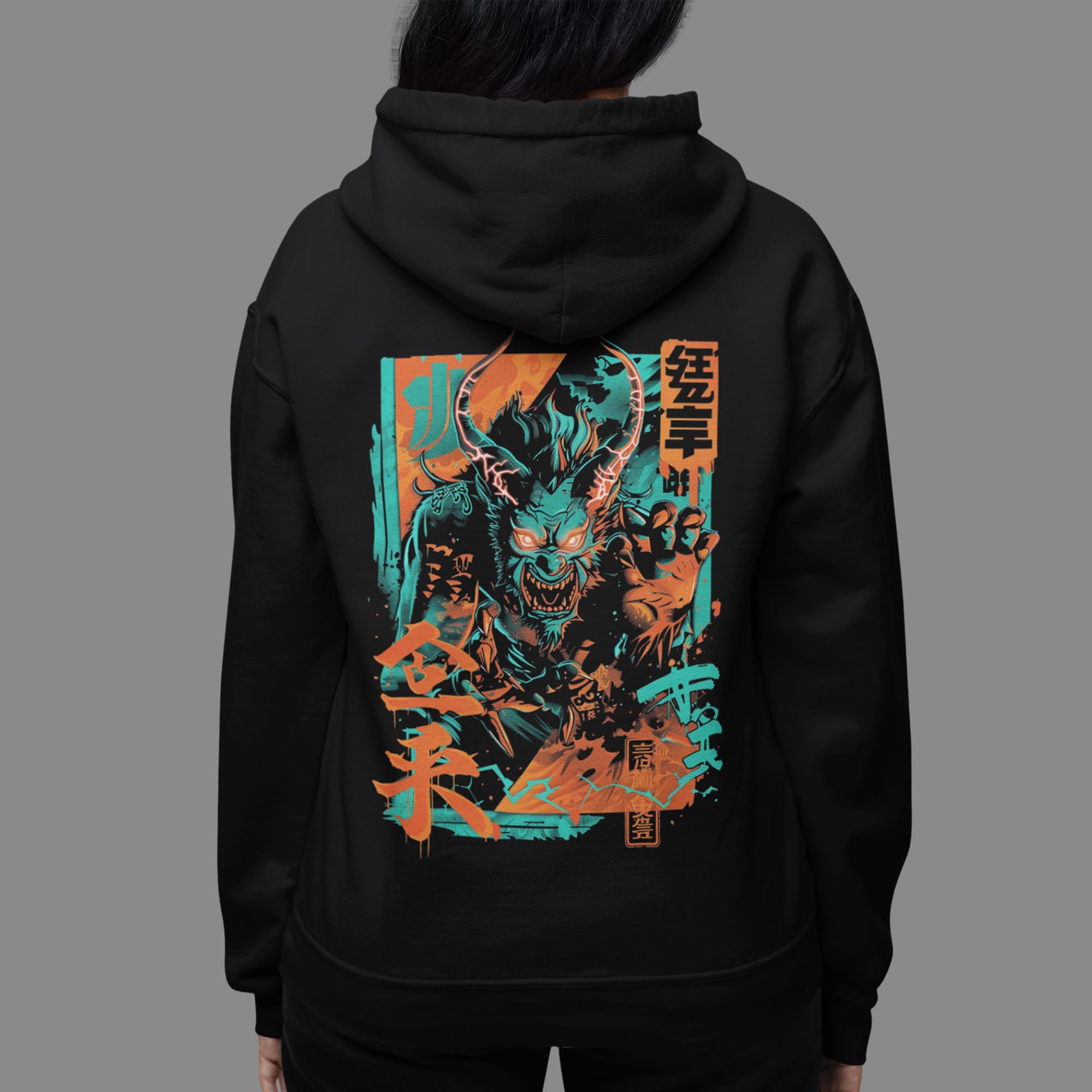 Streetwear outfit with Demon Yokai Japanese demon hoodie