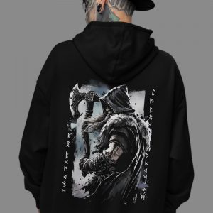 Viking Berserker Hoodie norse warrior back print on black hoodie Model wearing Viking Berserker Hoodie viking axe streetwear