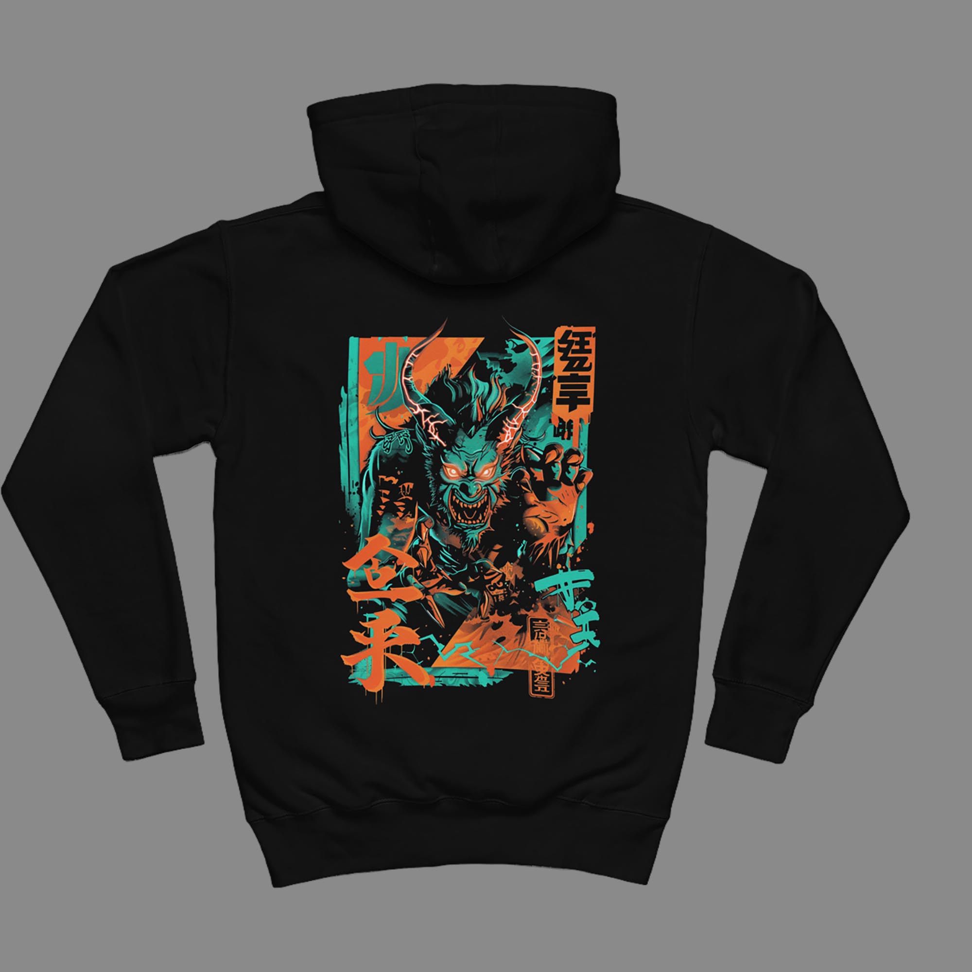 Demon Yokai Hoodie flat lay showing teal orange design